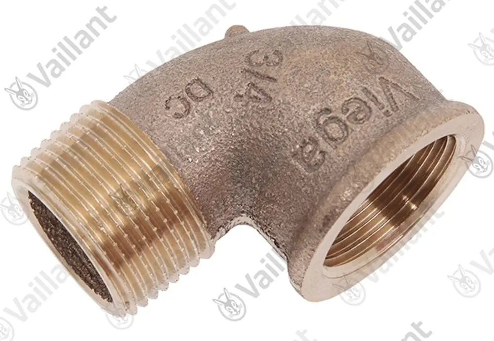 Rohrbogen aus Metall mit einem gewundenen Design und Innengewinde, mit der Marke Vaillant sichtbar.